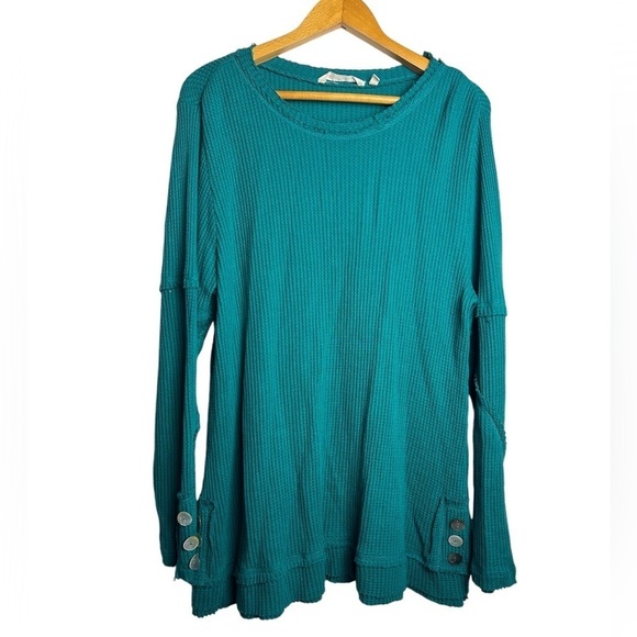Soft SurroundingsBlueTeal Boho retro Thermal waffle knit Long Sleeve tunic top L - Picture 1 of 12